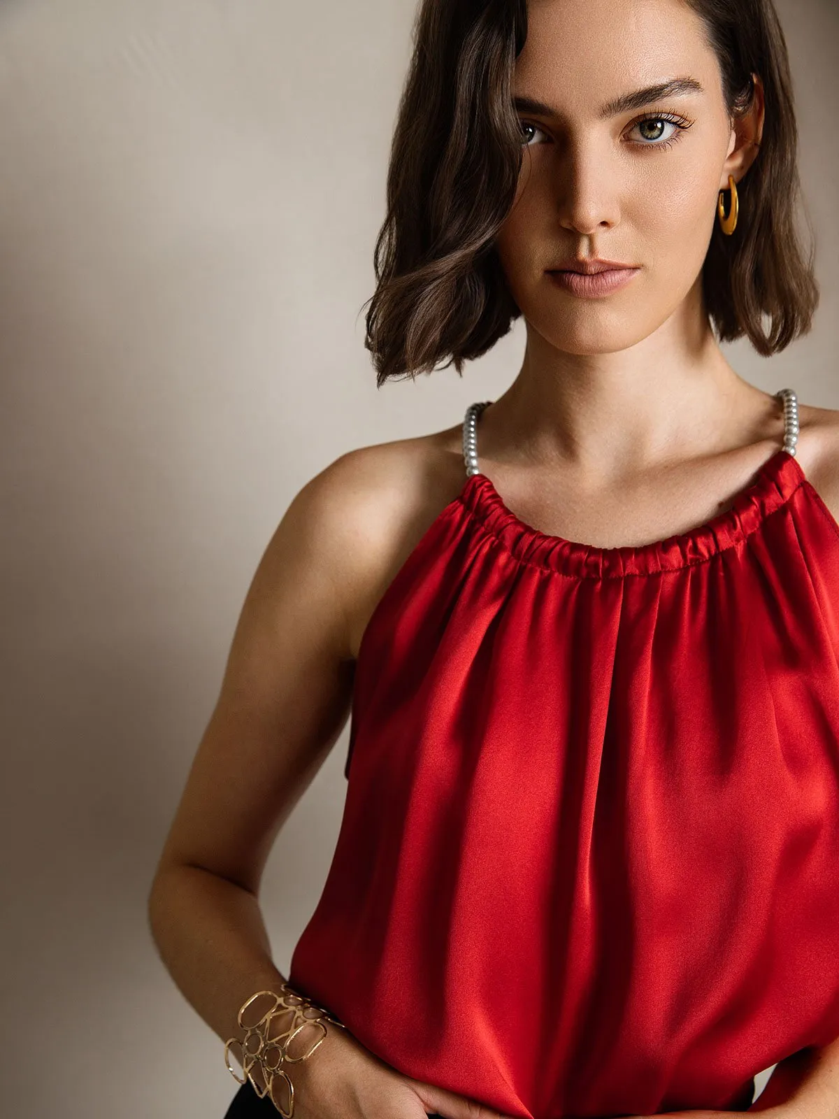 19Momme Silk Pearl-tie Neck Tank Top