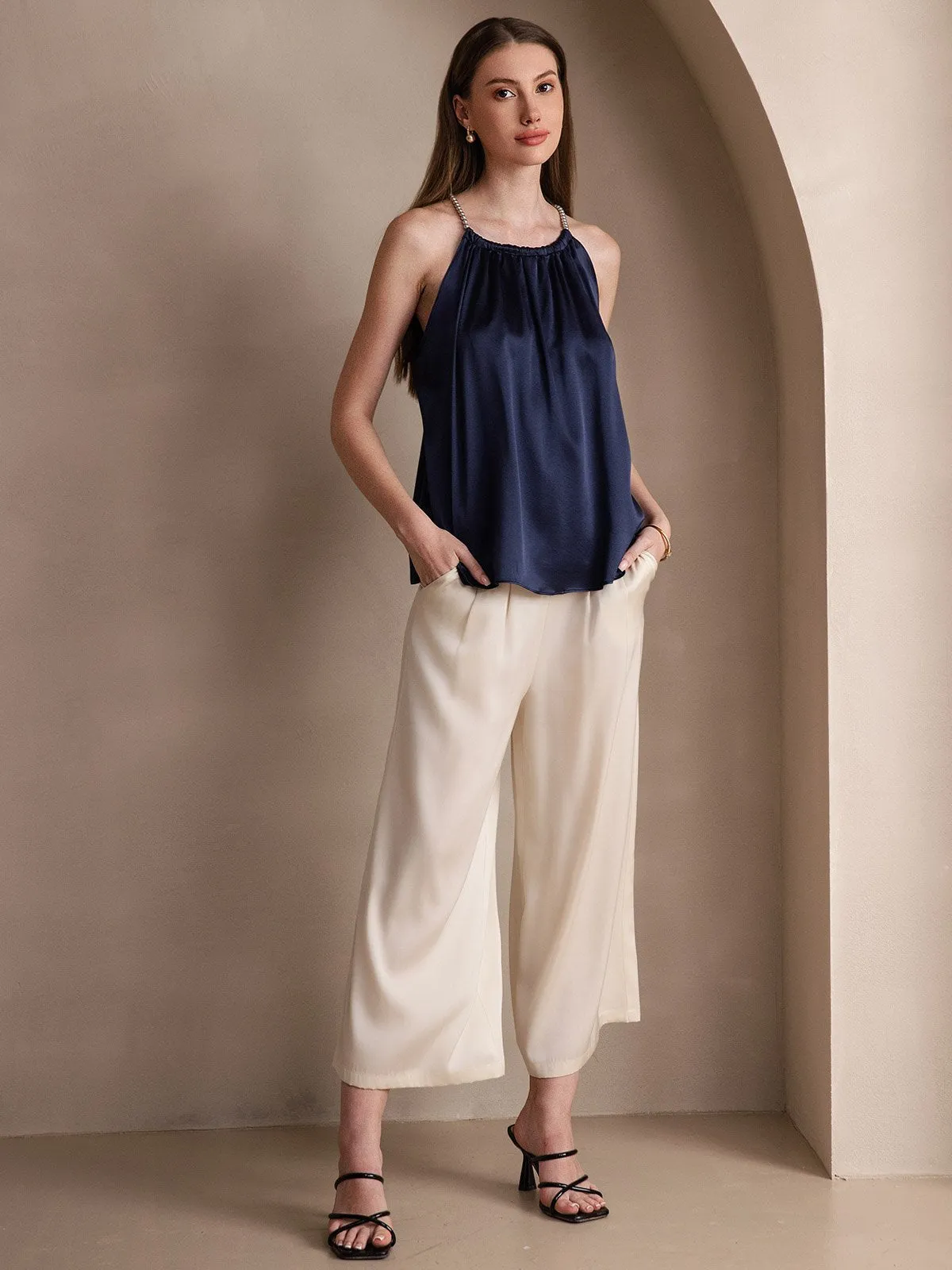 19Momme Silk Pearl-tie Neck Tank Top
