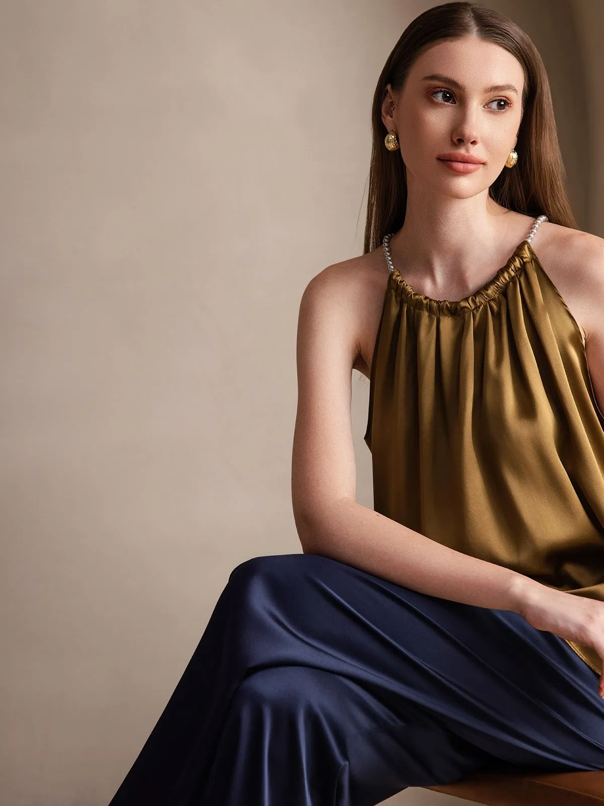 19Momme Silk Pearl-tie Neck Tank Top