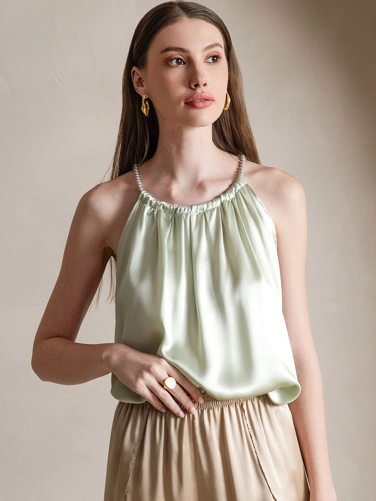 19Momme Silk Pearl-tie Neck Tank Top