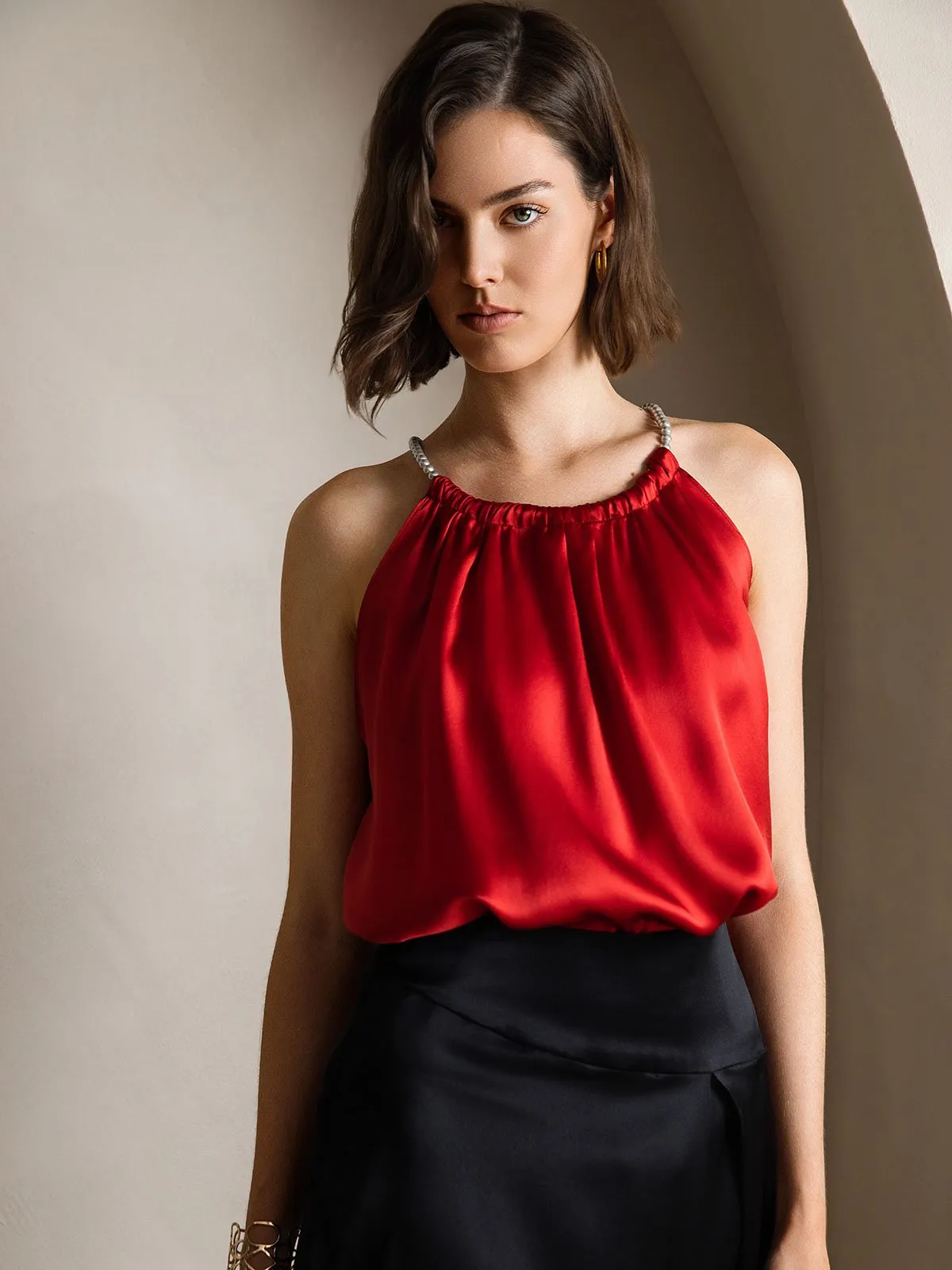 19Momme Silk Pearl-tie Neck Tank Top