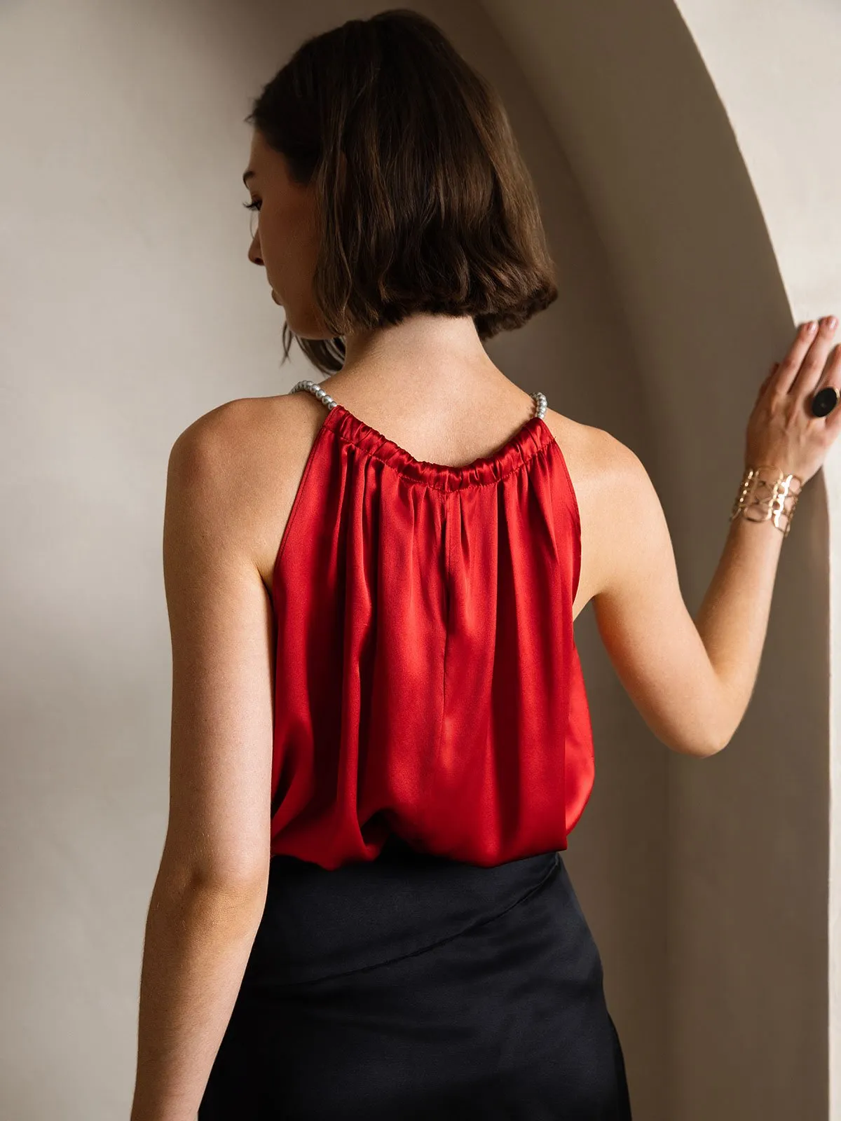 19Momme Silk Pearl-tie Neck Tank Top