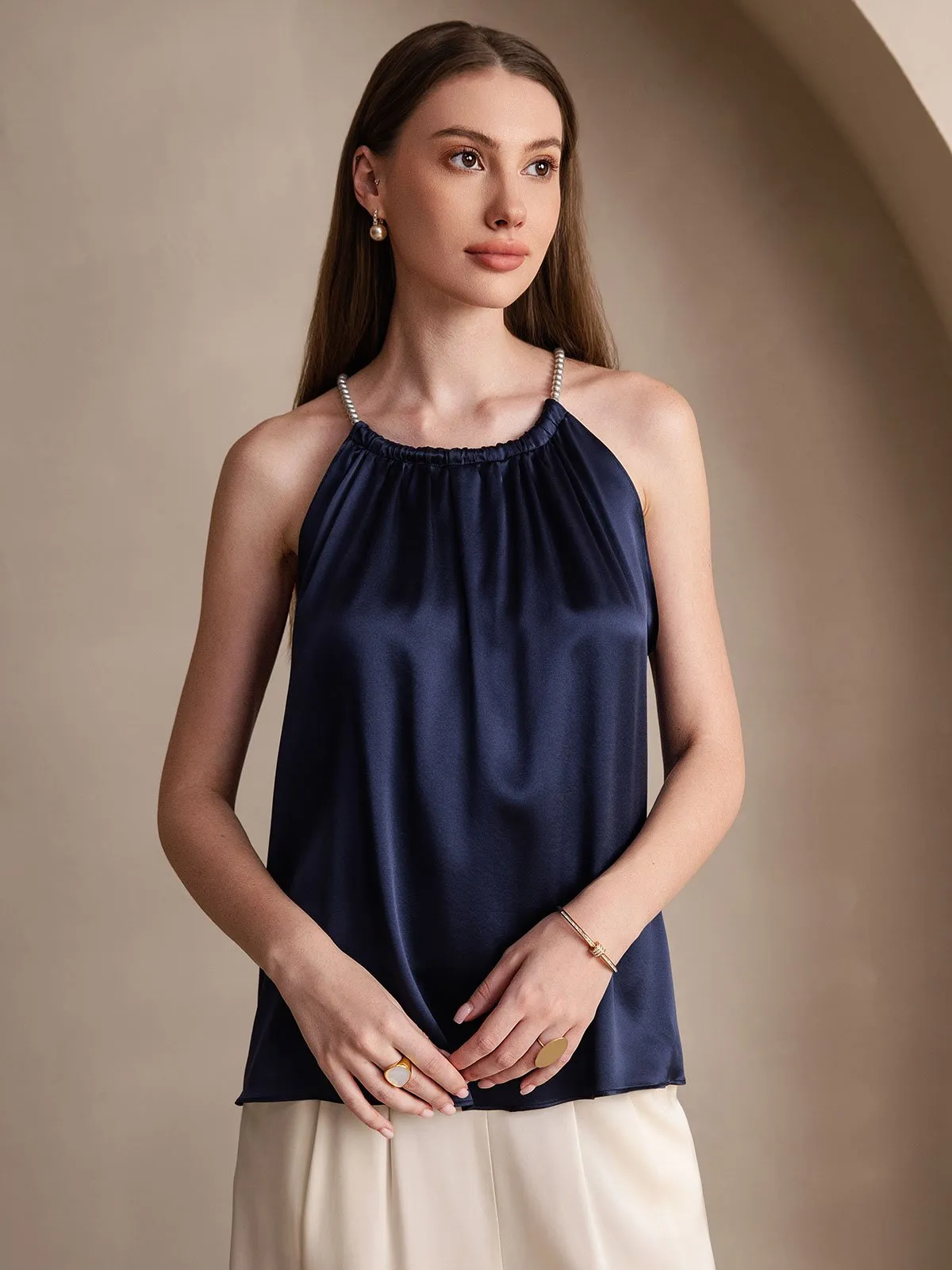 19Momme Silk Pearl-tie Neck Tank Top