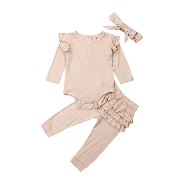 3PCS Newborn  Baby Girl Clothes Outfit Long Sleeve Solid Knitting Romper Top Ruffle Long Pants Trousers Headband 3 Pieces Set