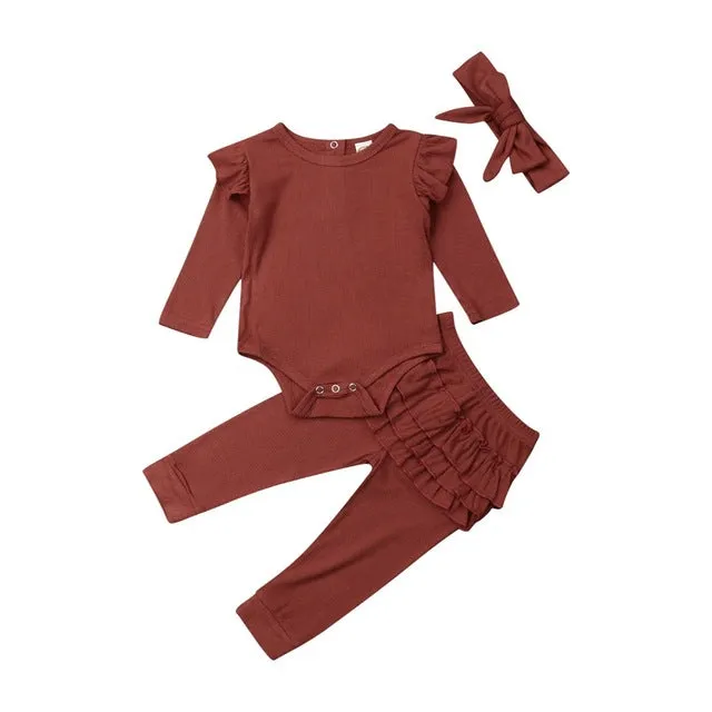3PCS Newborn  Baby Girl Clothes Outfit Long Sleeve Solid Knitting Romper Top Ruffle Long Pants Trousers Headband 3 Pieces Set