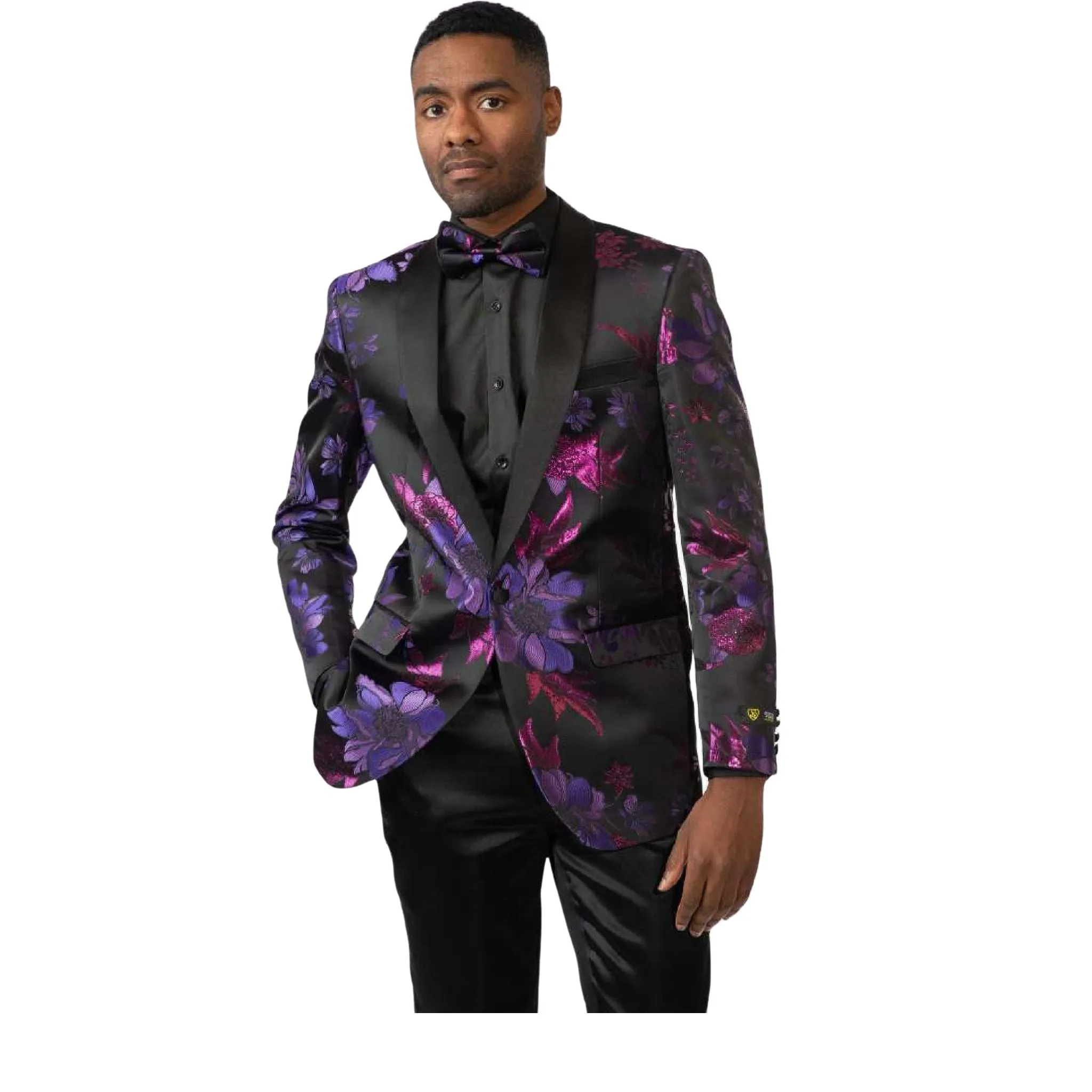 Black & Purple Floral Tuxedo Blazer – Luxury Prom & Wedding Jacket
