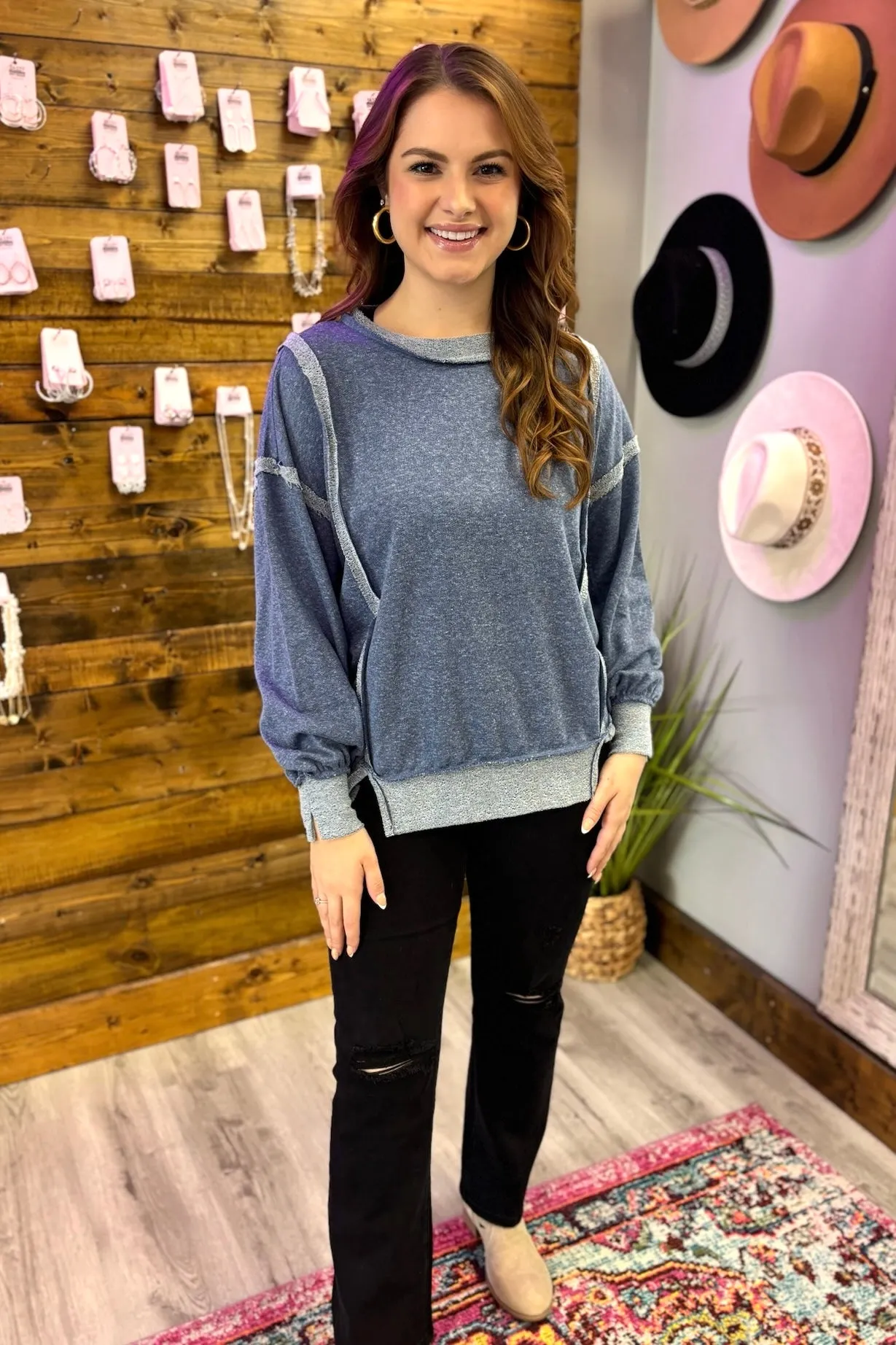 BREE Washed Wide Seam Sweatshirt - Navy