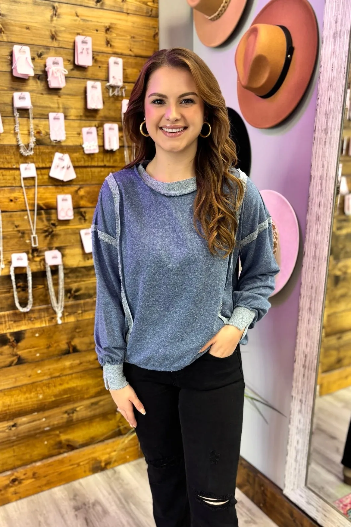BREE Washed Wide Seam Sweatshirt - Navy