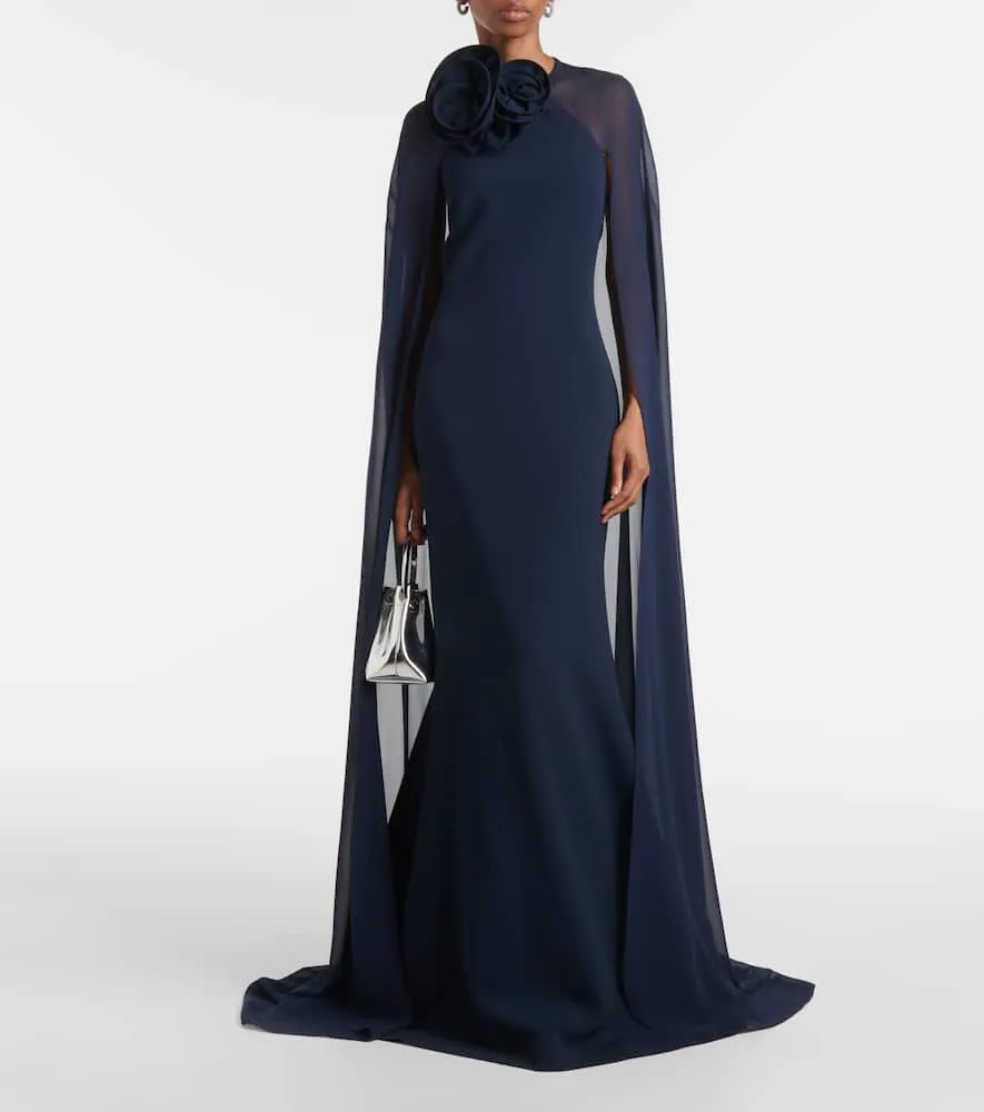 Elie Saab Caped floral-appliqu√É¬© silk-blend cady gown