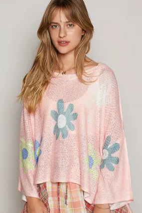 Flower Dropped Shoulder Long Sleeve Knit Top