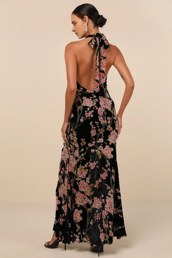 Formal Women's Dresses Fabulous Sleeveless Black Velvet Backless Mermaid Floral Maxi Dress Prom Dress Stores