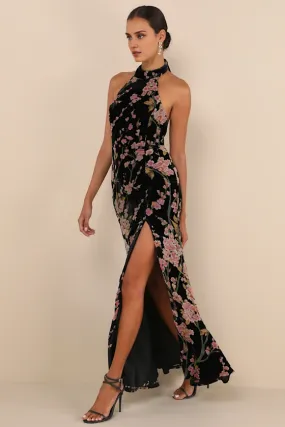 Formal Women's Dresses Fabulous Sleeveless Black Velvet Backless Mermaid Floral Maxi Dress Prom Dress Stores