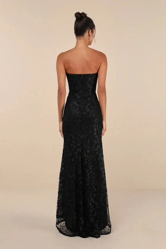 Formal Women's Dresses Romantic Beauty Black Floral Embroidered Strapless Slit Maxi Dress Prom Dress Stores