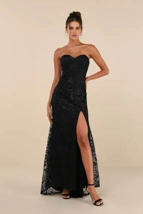 Formal Women's Dresses Romantic Beauty Black Floral Embroidered Strapless Slit Maxi Dress Prom Dress Stores