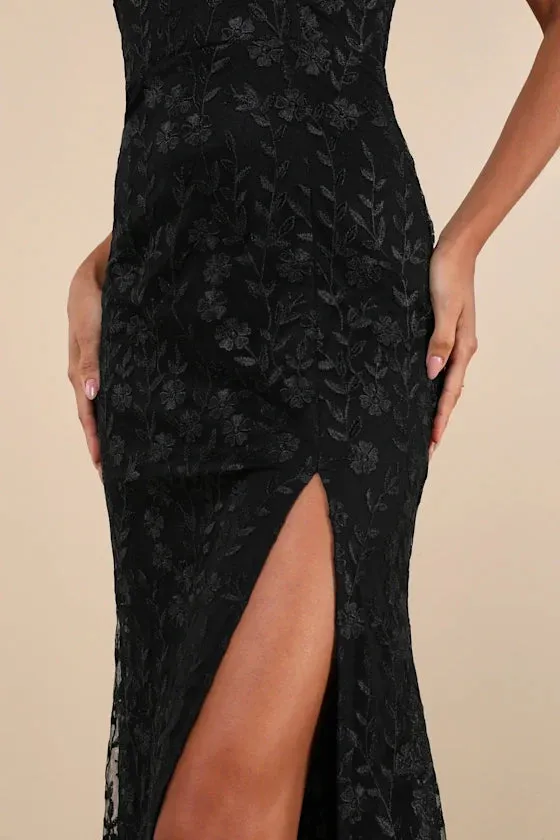 Formal Women's Dresses Romantic Beauty Black Floral Embroidered Strapless Slit Maxi Dress Prom Dress Stores