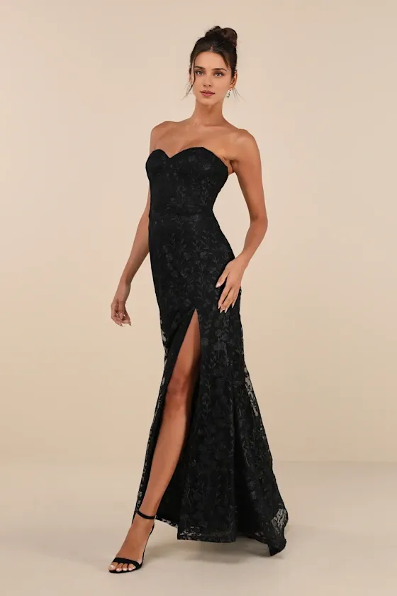 Formal Women's Dresses Romantic Beauty Black Floral Embroidered Strapless Slit Maxi Dress Prom Dress Stores
