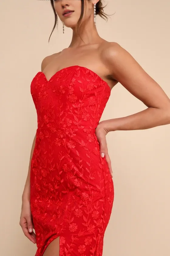 Formal Women's Dresses Romantic Beauty Red Floral Embroidered Strapless Slit Maxi Dress Prom Dress Stores