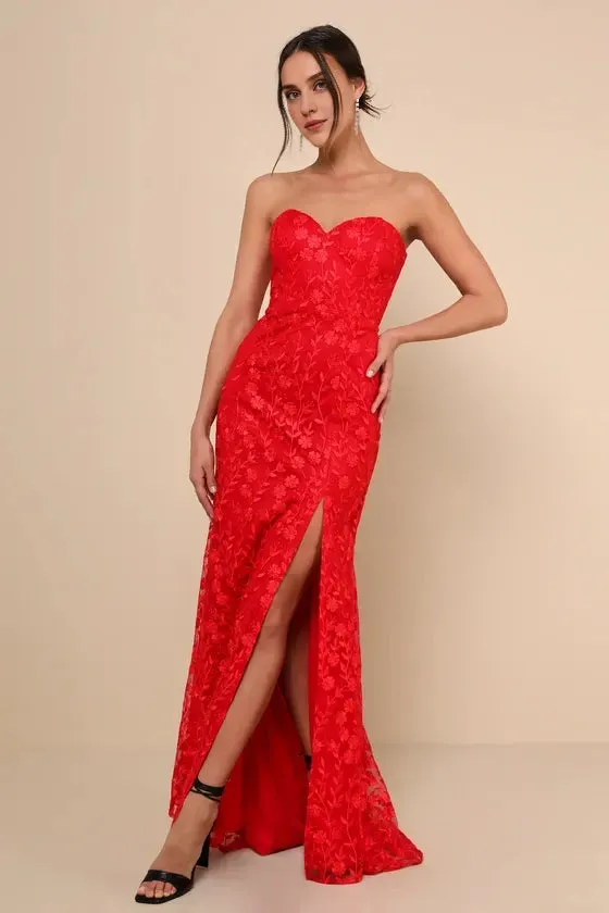 Formal Women's Dresses Romantic Beauty Red Floral Embroidered Strapless Slit Maxi Dress Prom Dress Stores
