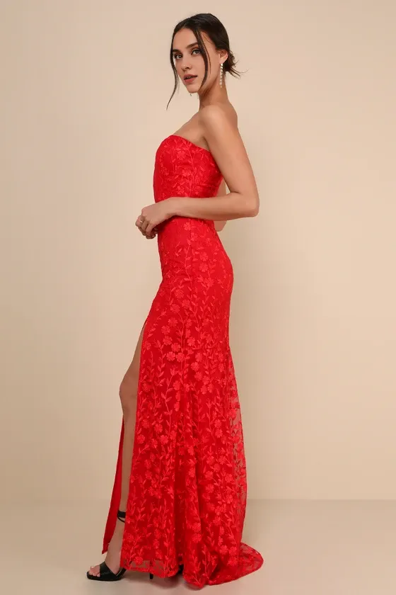 Formal Women's Dresses Romantic Beauty Red Floral Embroidered Strapless Slit Maxi Dress Prom Dress Stores