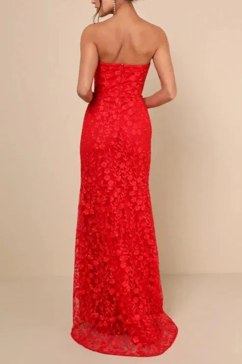 Formal Women's Dresses Romantic Beauty Red Floral Embroidered Strapless Slit Maxi Dress Prom Dress Stores