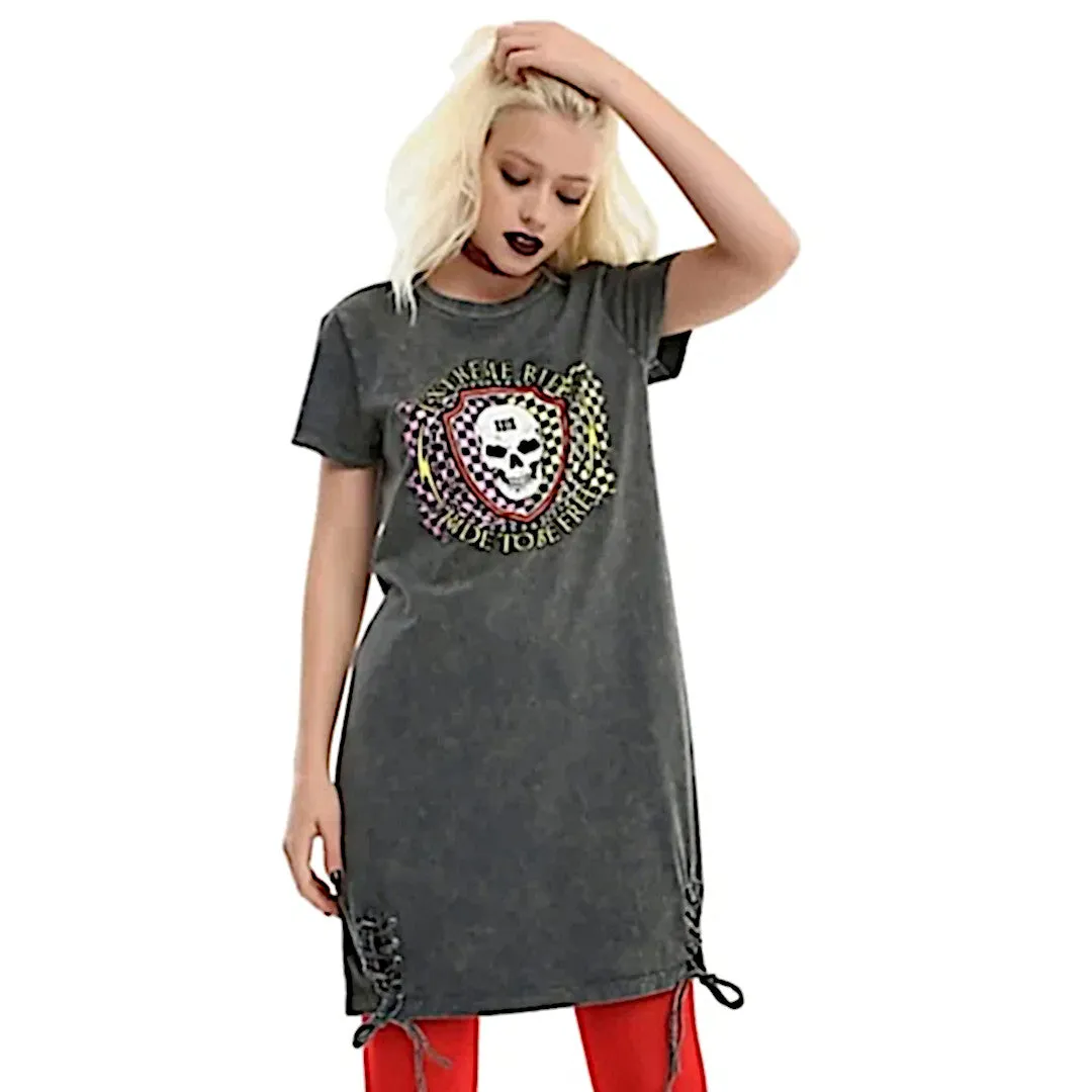 Hot Topic Grey Acid Wash Skull Graphic T-Shirt Dress | Ride Free Tie Dress