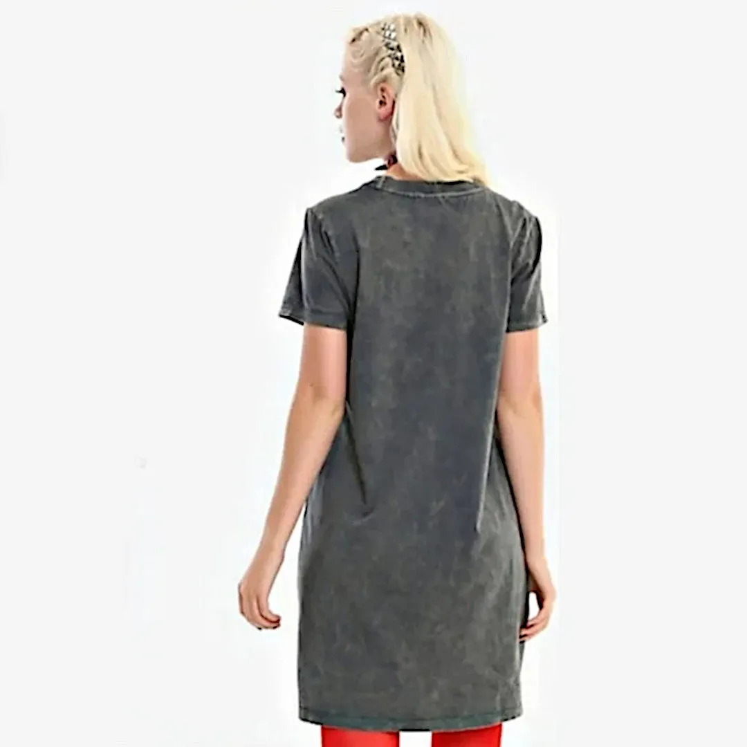 Hot Topic Grey Acid Wash Skull Graphic T-Shirt Dress | Ride Free Tie Dress