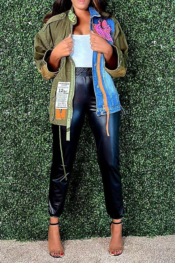hulianfu Denim Patchwork Urban Irregular Coat