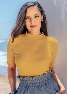 Meera Hemp Knit Top with Lettuce Trim in Gold