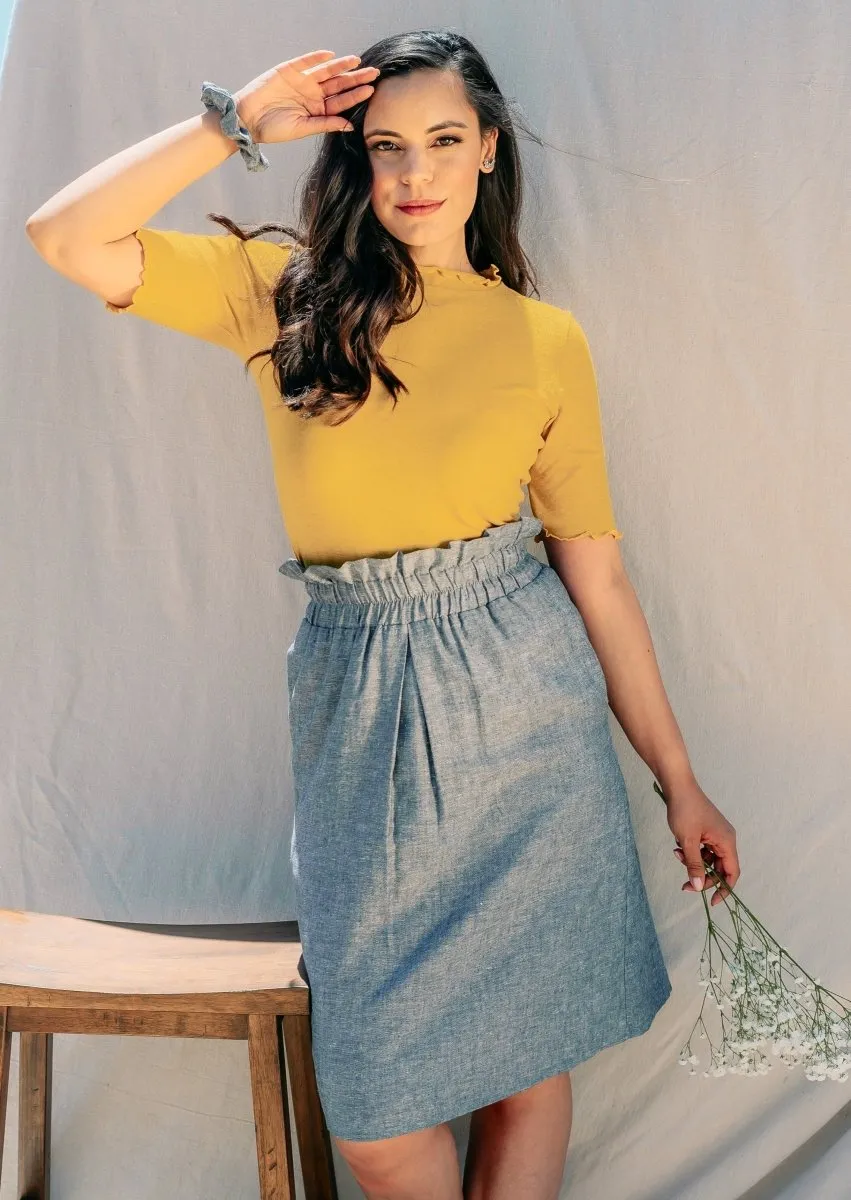 Meera Hemp Knit Top with Lettuce Trim in Gold