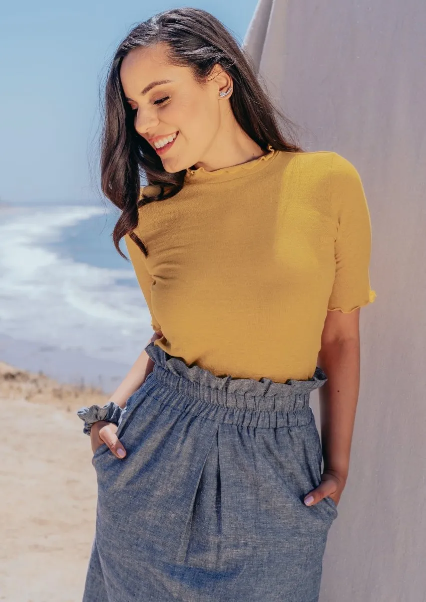 Meera Hemp Knit Top with Lettuce Trim in Gold