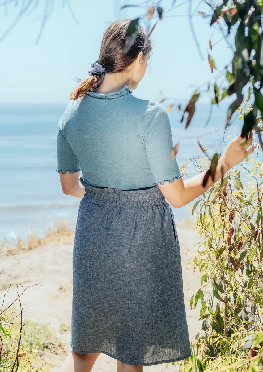 Meera Hemp Knit Top with Lettuce Trim in Mineral Blue