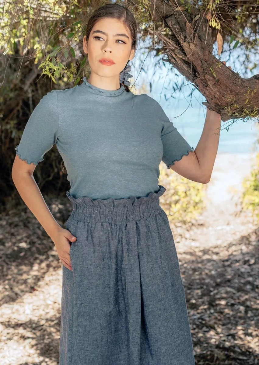 Meera Hemp Knit Top with Lettuce Trim in Mineral Blue