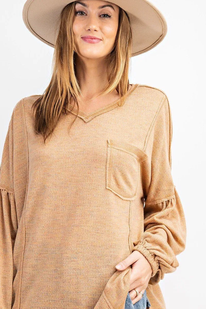 Solid Bubble Sleeves Multi Tone Light Hacci Sweater Top