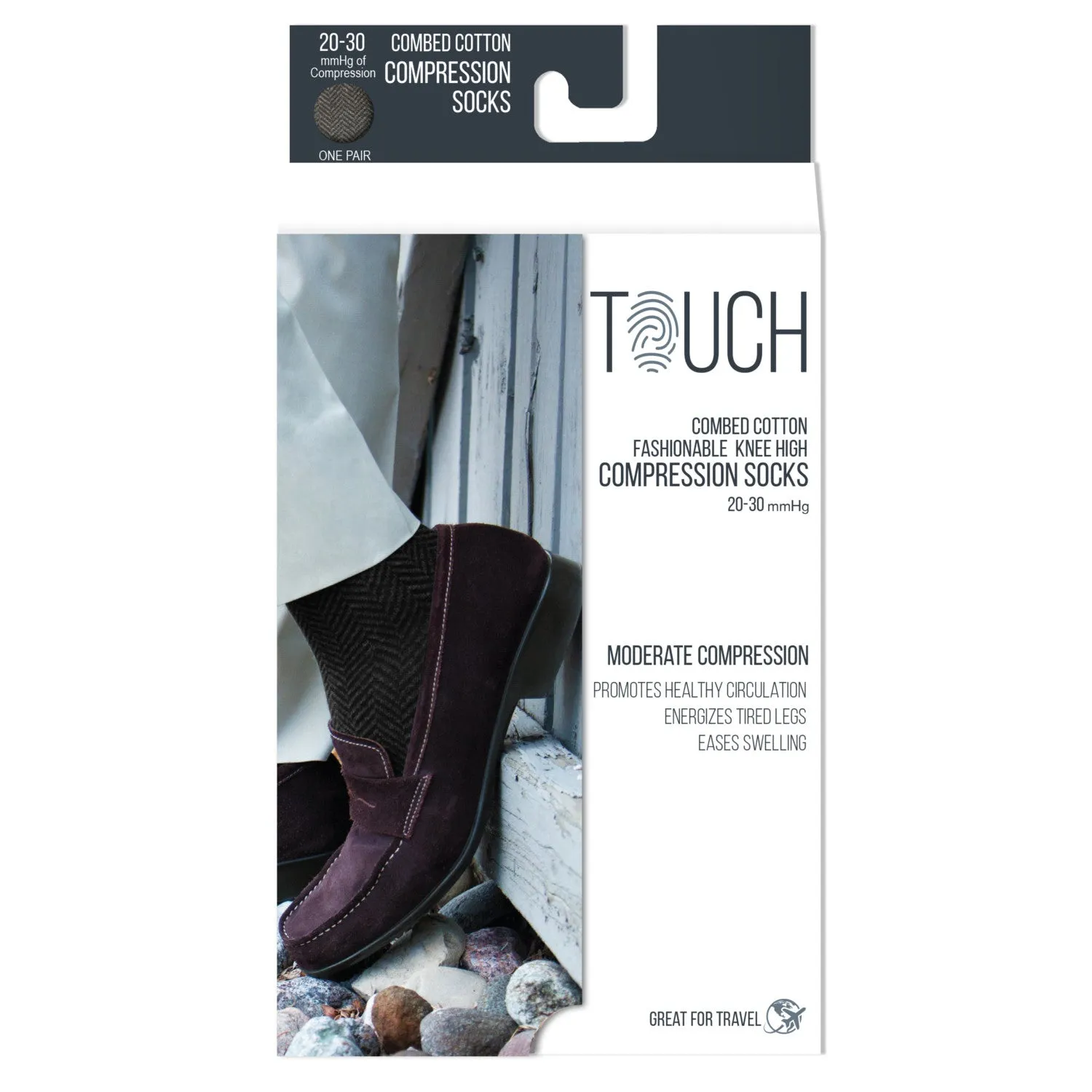 TOUCH Compression Socks for Men, 20-30 mmHg, Pattern Styling, Cotton, 1 pair, Black