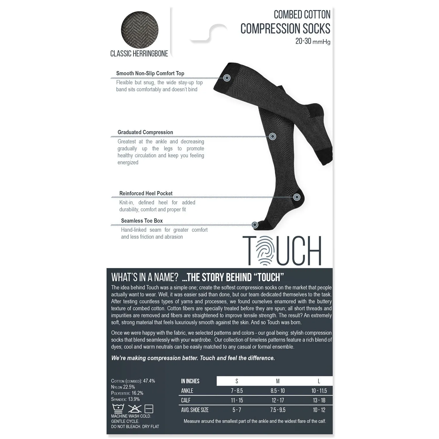 TOUCH Compression Socks for Women, 20-30 mmHg, Pattern Styling, Cotton, 1 pair, Black
