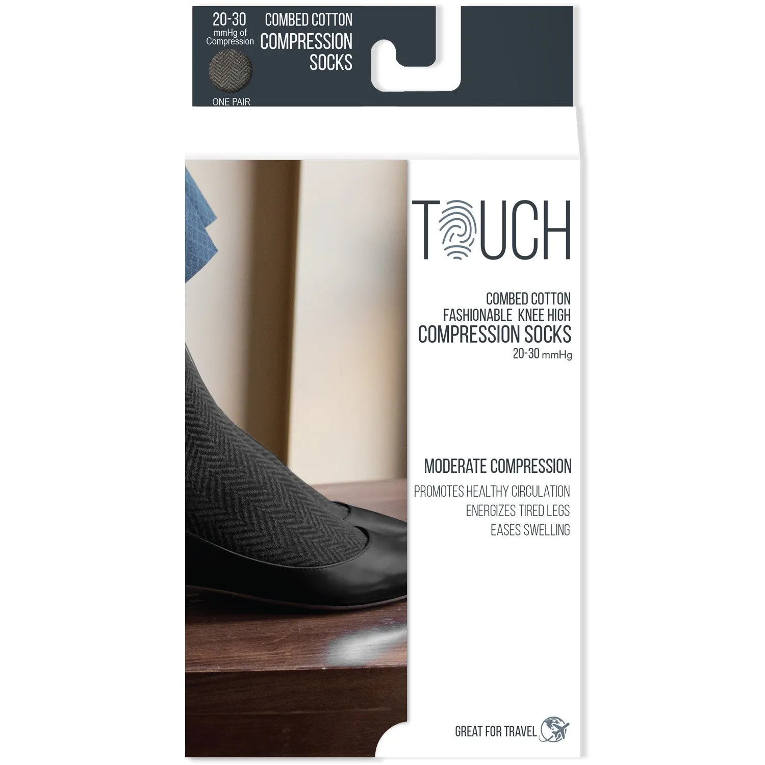 TOUCH Compression Socks for Women, 20-30 mmHg, Pattern Styling, Cotton, 1 pair, Black