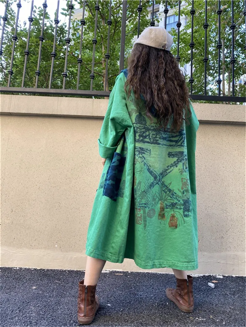 Vintage Plus Sizes Green Long Trenchcoat
