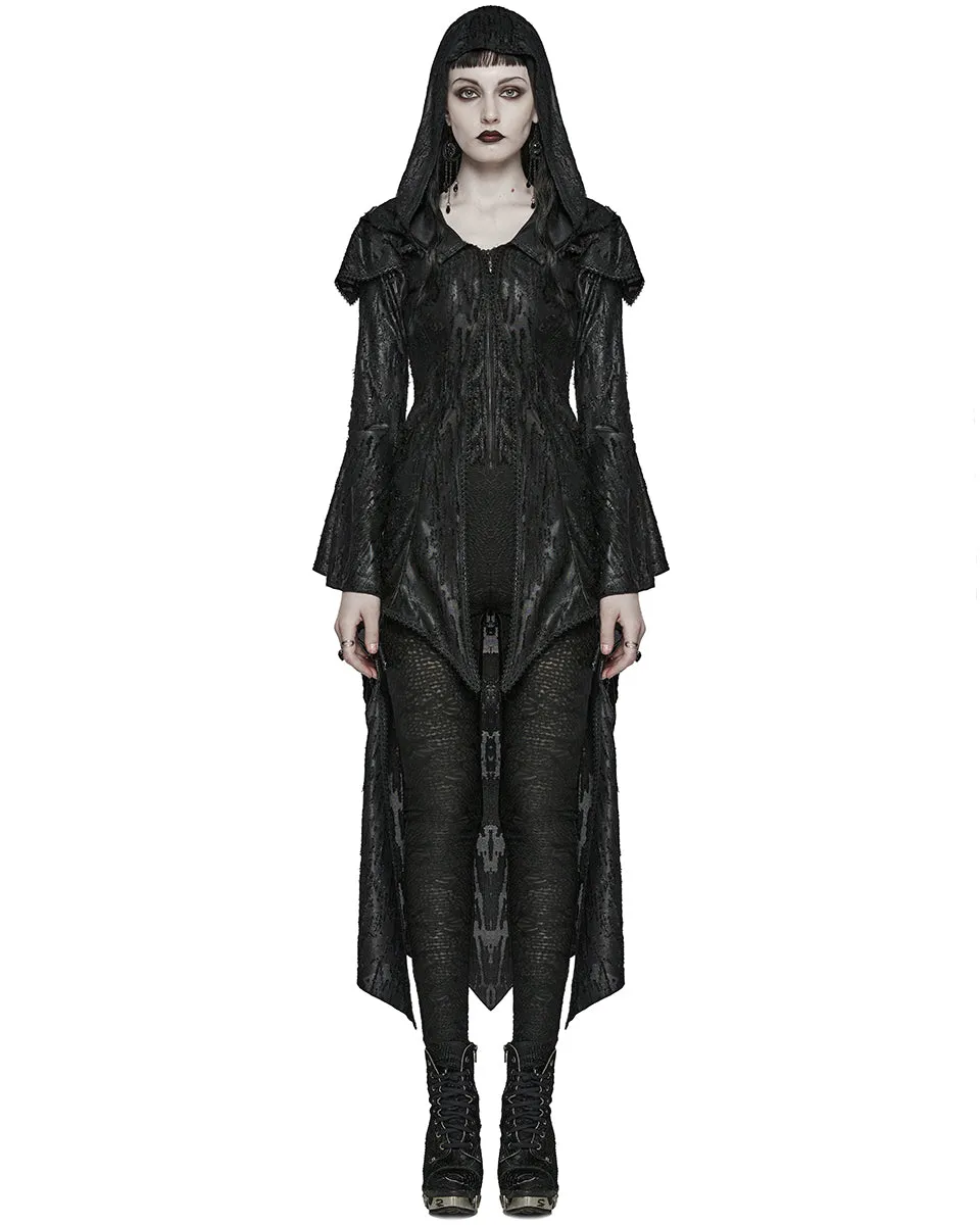 WY-1584ZCF-BKF Womens Long Gothic Witch Broken Knit Hooded Jacket