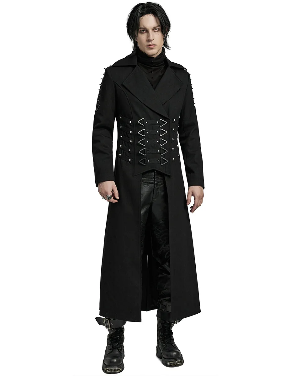 WY-1609XCM-BKM Mens Long Industrial Gothic Punk Studded Trench Coat