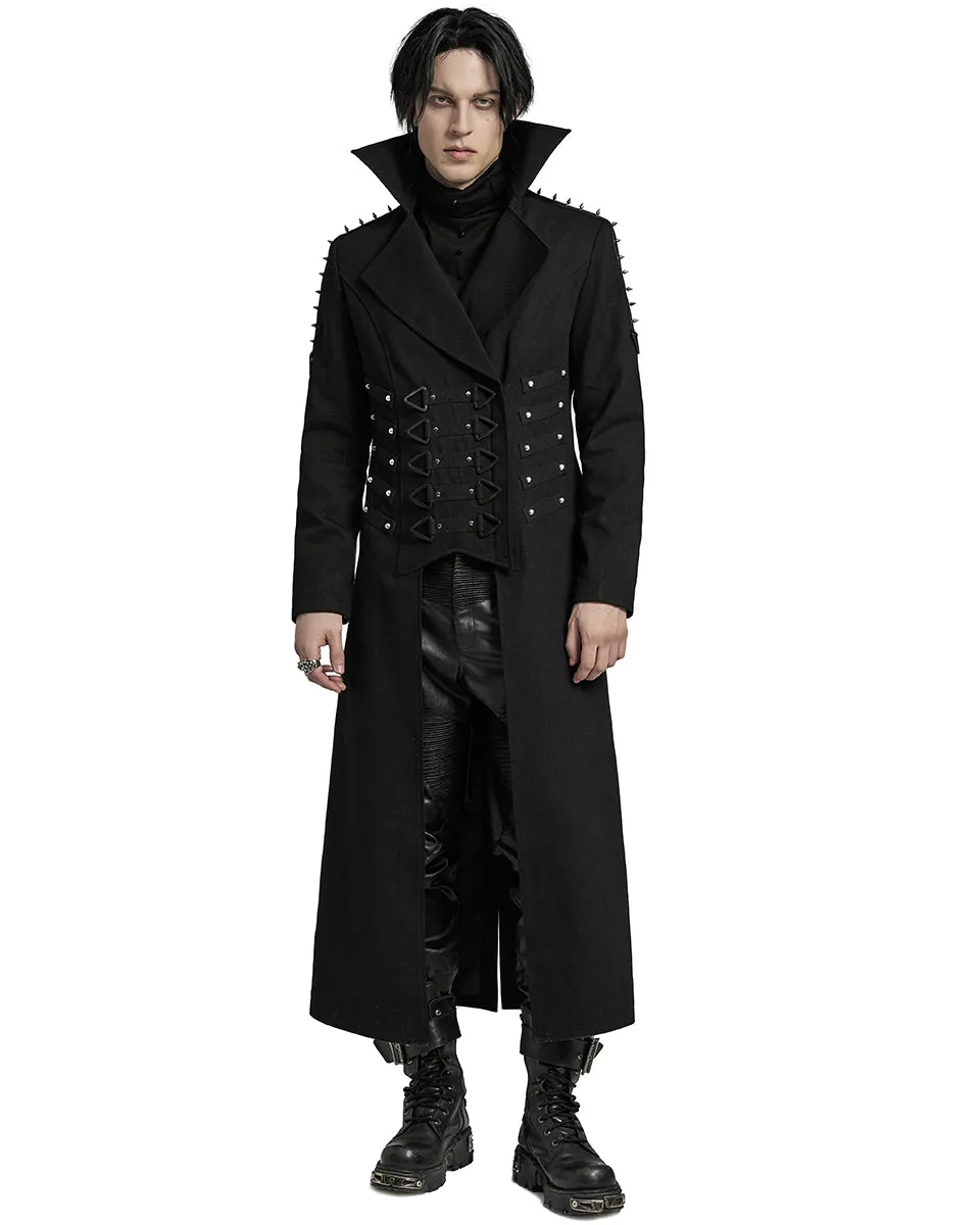 WY-1609XCM-BKM Mens Long Industrial Gothic Punk Studded Trench Coat
