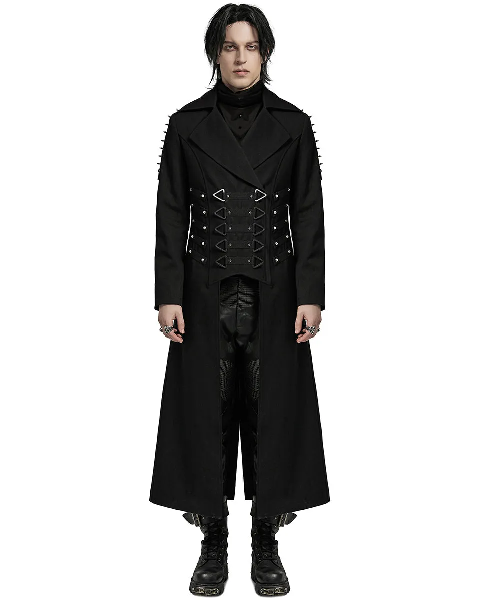 WY-1609XCM-BKM Mens Long Industrial Gothic Punk Studded Trench Coat