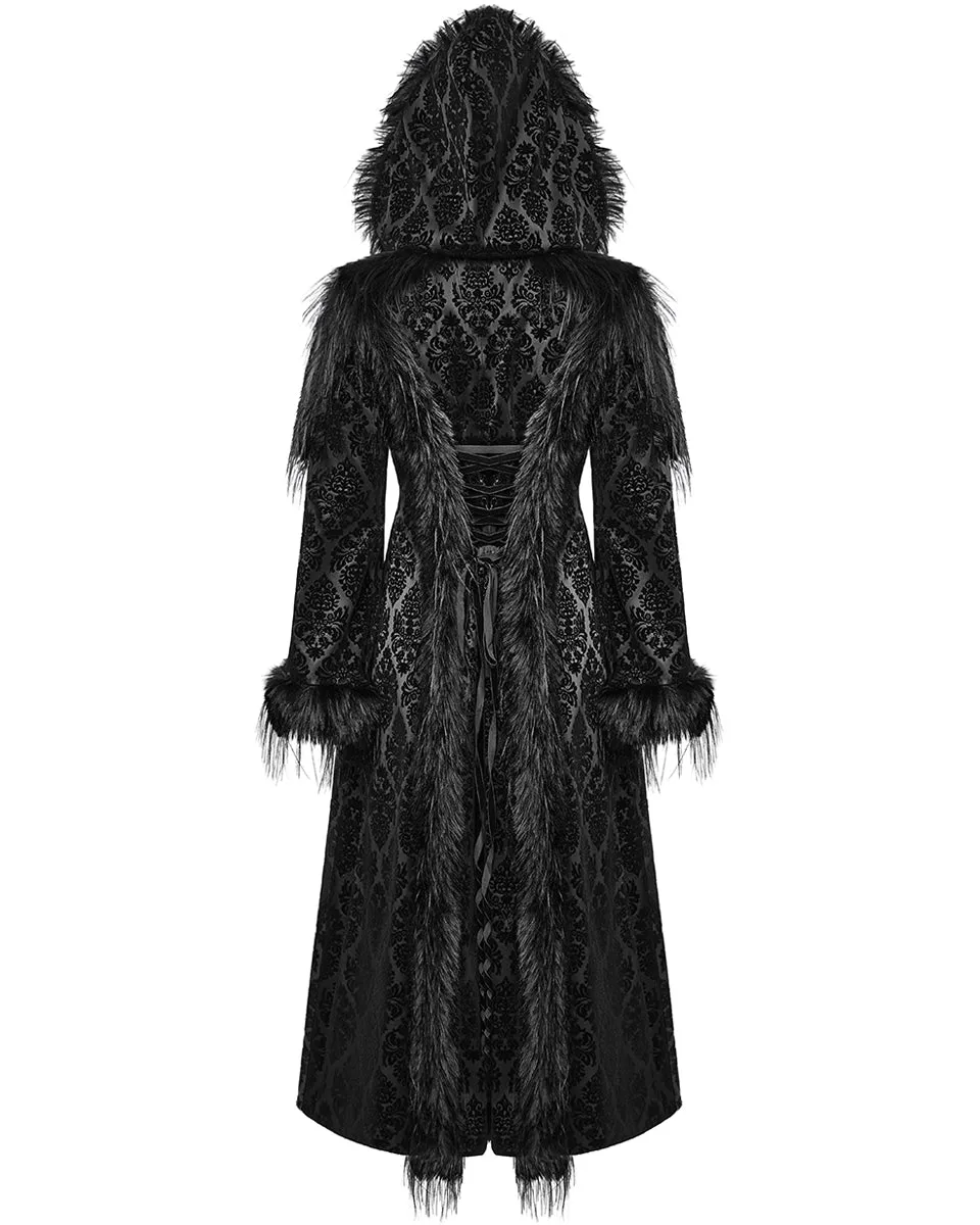 WY-1651LCF Womens Long Gothic Damask & Faux Fur Hooded Coat