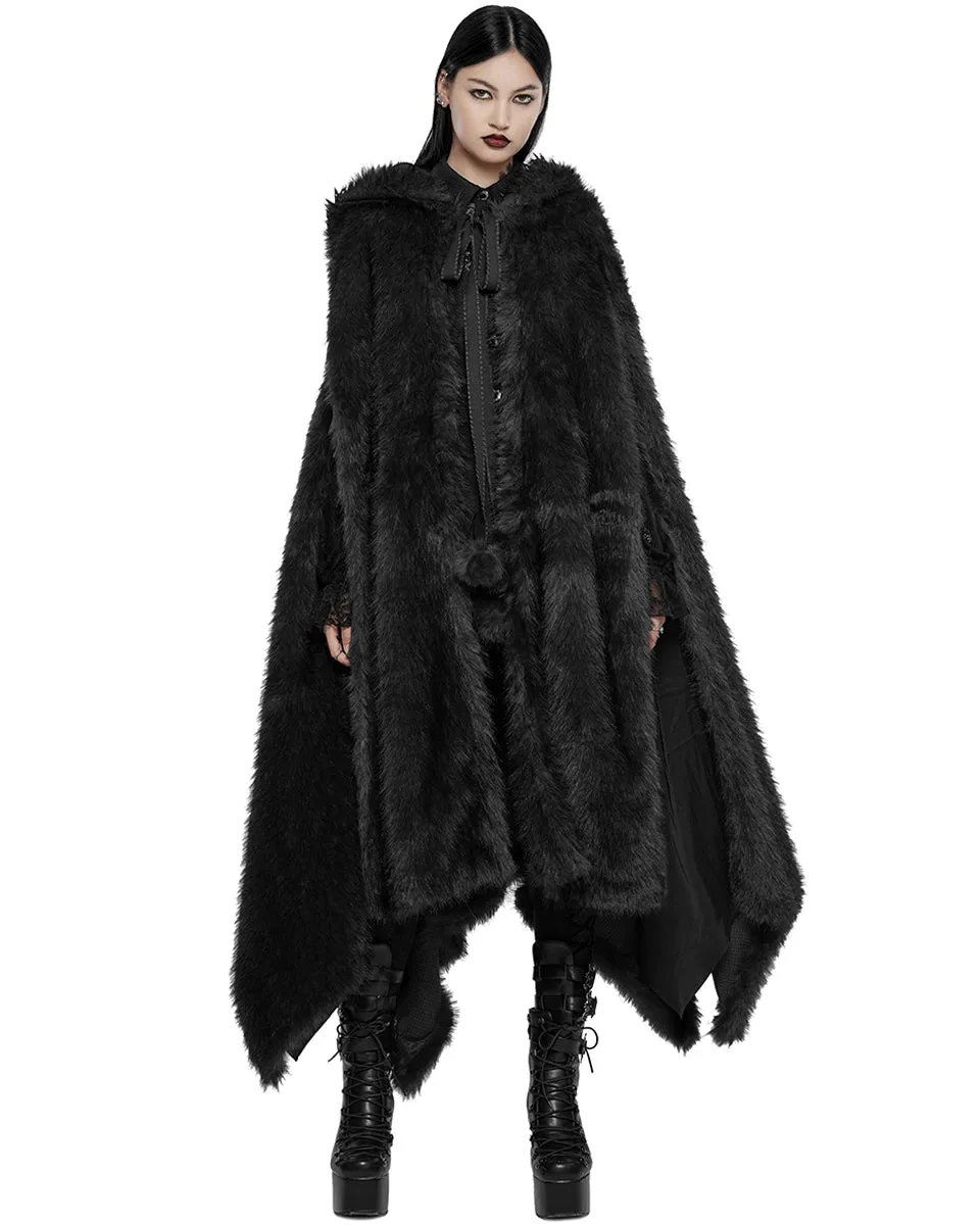 WY-1663DPF Womens Long Gothic Faux Fur Asymmetric Hooded Winter Cloak - Black