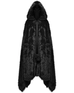 WY-1663DPF Womens Long Gothic Faux Fur Asymmetric Hooded Winter Cloak - Black