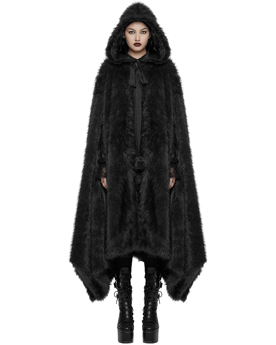 WY-1663DPF Womens Long Gothic Faux Fur Asymmetric Hooded Winter Cloak - Black