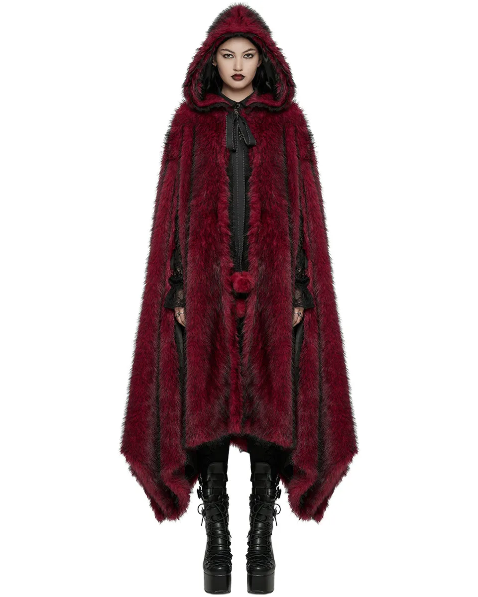 WY-1663DPF Womens Long Gothic Faux Fur Asymmetric Hooded Winter Cloak - Red