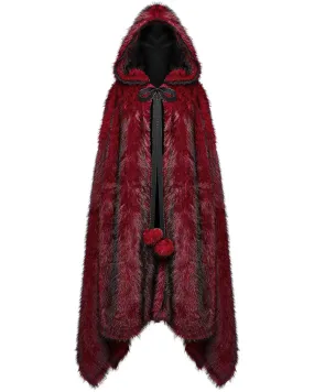 WY-1663DPF Womens Long Gothic Faux Fur Asymmetric Hooded Winter Cloak - Red