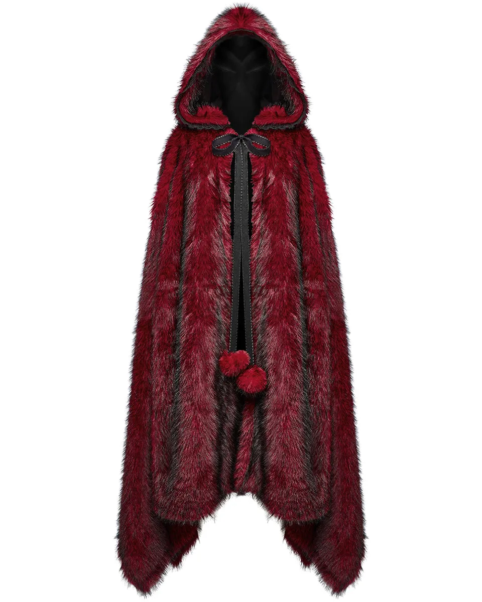 WY-1663DPF Womens Long Gothic Faux Fur Asymmetric Hooded Winter Cloak - Red