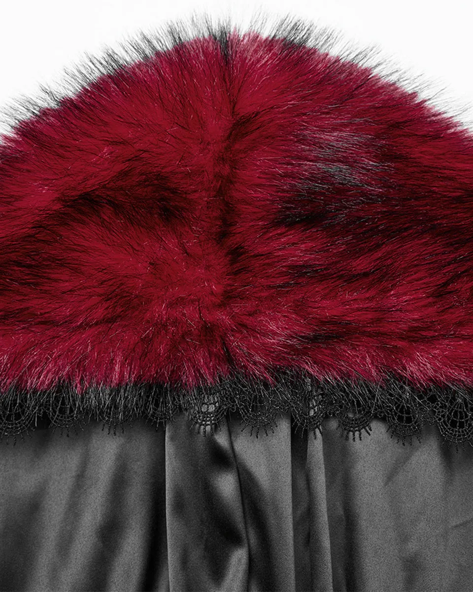 WY-1663DPF Womens Long Gothic Faux Fur Asymmetric Hooded Winter Cloak - Red